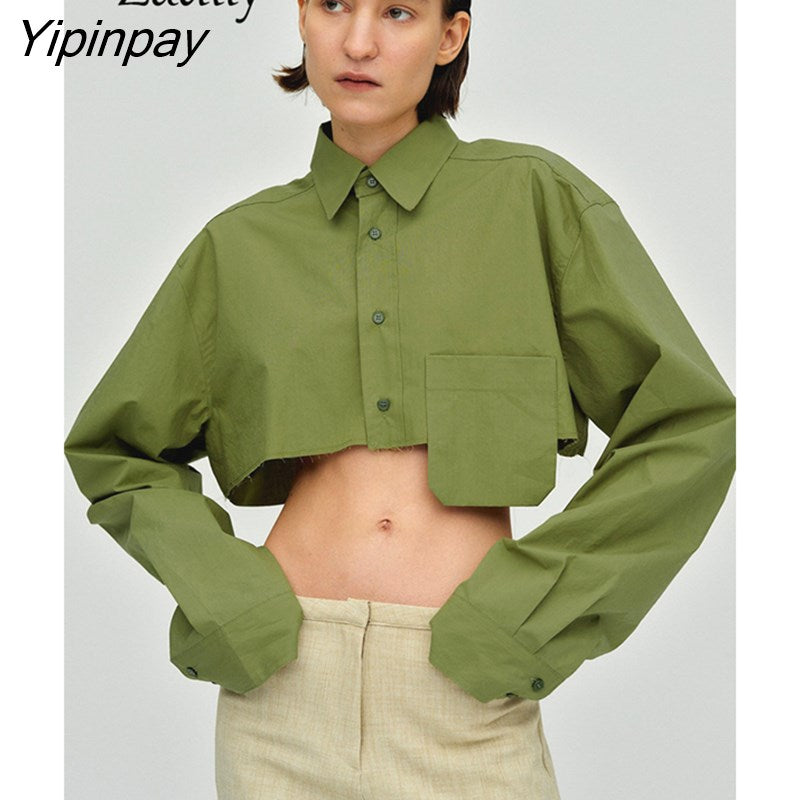 Yipinpay Spring New In Streetwear Long Sleeve White Shirt Women Y2K Button Up Pocket Crop Tops Woman Blouse 2023 Party Clothing