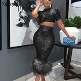 Yipinpay Women Sequins Skirt 2piece Set Female Cropped Slim Blouse Hemline Artificial Feather Bodycon Skirt Suits 2023 Sexy Streetwear 423