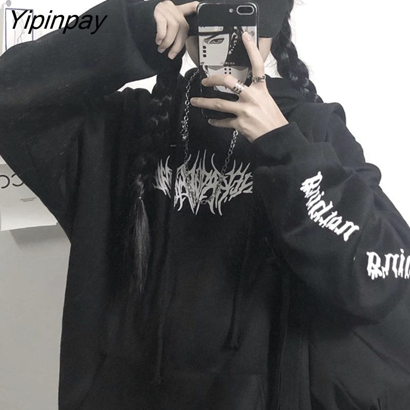 Yipinpay Women Loose Streetwear Black Sweatshirt Knitted Hooded Sexy Print Hoodies Fashion Moletom Long Hoodie Women Tops dropshipping