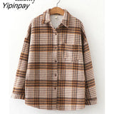 Yipinpay Casual Korean Style Long Sleeve Plaid Wool Liner Shirt Women 2023 Winter Button Up Loose Thick Ladies Tunic Blouse Tops