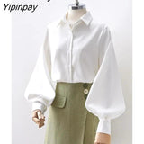 Yipinpay Office Lady Long Puff Sleeve White Za Shirt Women Korean Style Button Blouse Tunic 2023 Summer Work Female Clothing Tops
