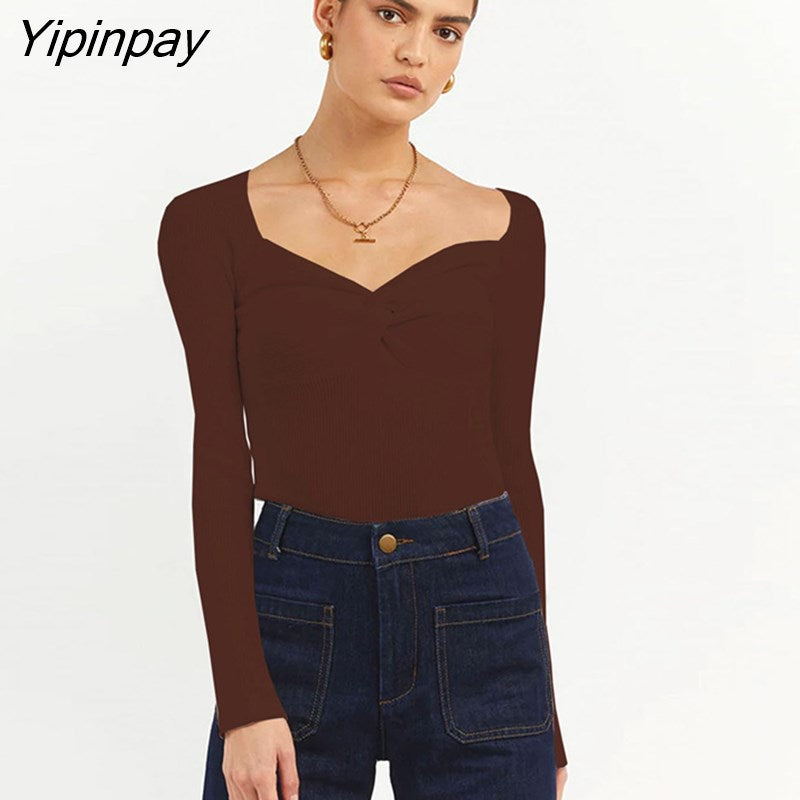 Yipinpay Knit Ribbed T Shirt Women Ruched Corset Top Autumn Long Sleeve V Neck Basic Tees Sexy Bodycon Tshirt Knitted Tops