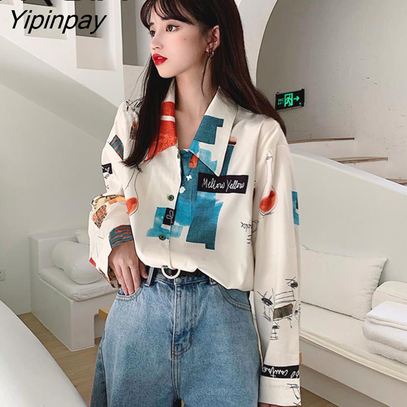 Yipinpay Spring Korean style Long Sleeve Women Blouse Shirt print Loose Oversize Tunic Ladies Shirt Turn Down Collar Female Clothing