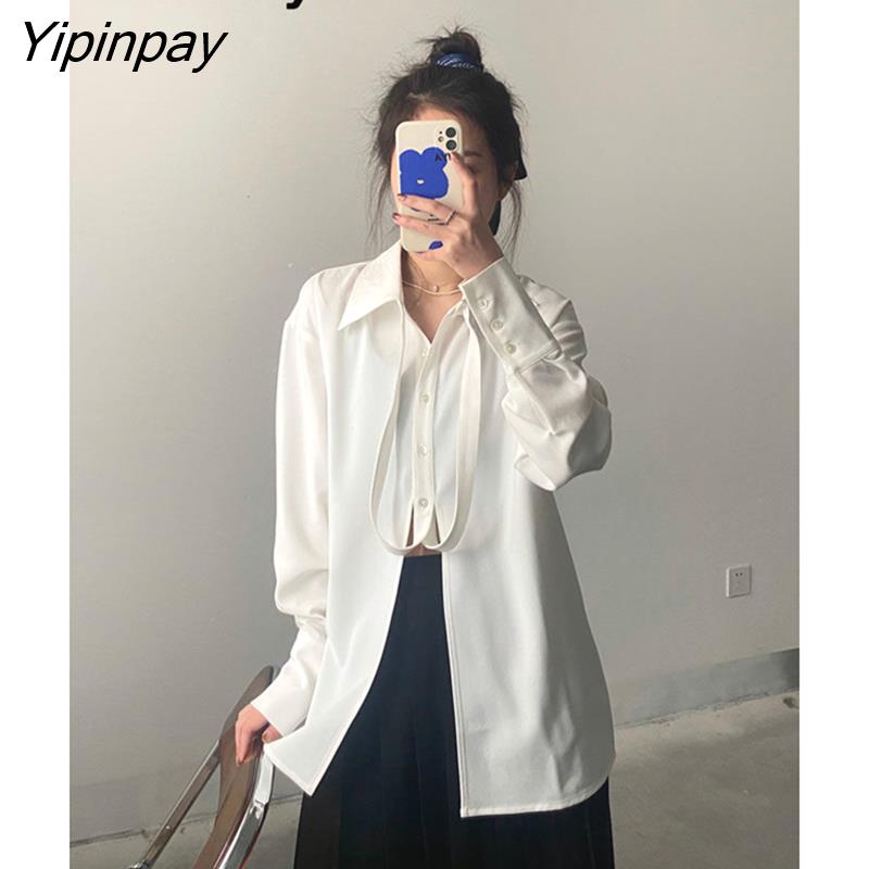 Yipinpay 2023 Summer Streetwear Long Sleeve Bandage White Shirt Women Korean style Button Up Casual Blouse Office Lady Female Tops