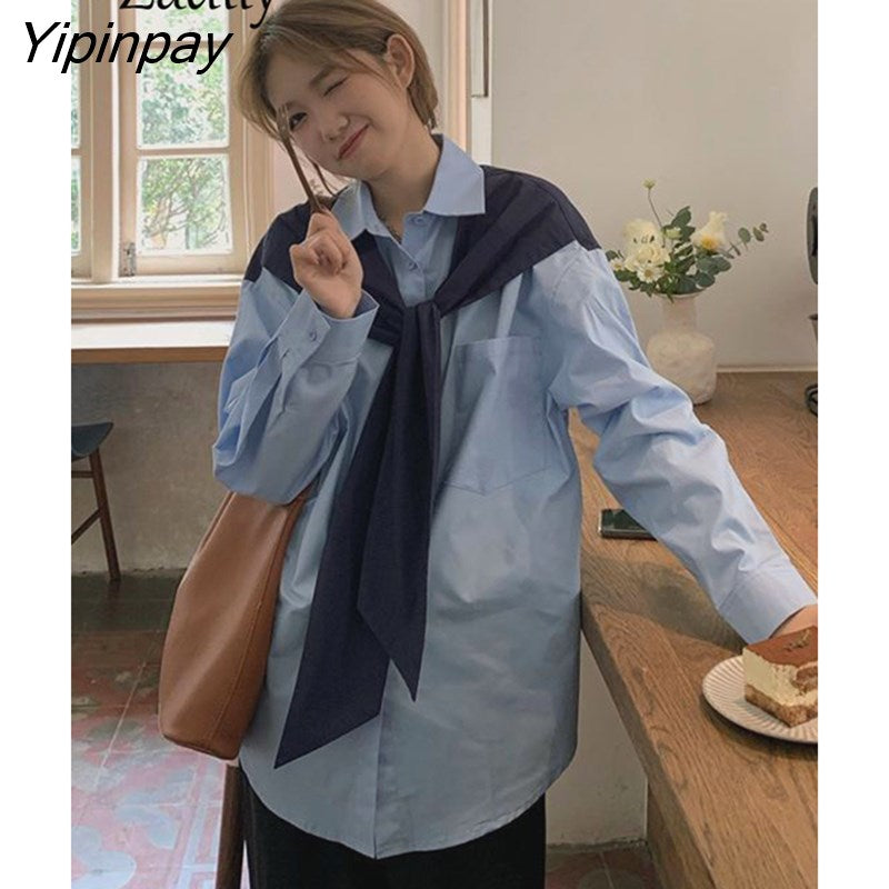 Yipinpay 2023 Autumn Long Sleeve Shawl Shirt Women Office Lady Button Up Patchwork Ladies Tunic Blouse Work Female Clothing Tops