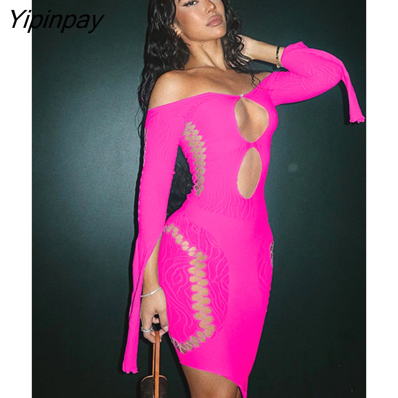 Yipinpay Sexy Solid Off Shoulder Hollow Out Dress Female Perspective Club Tight Hip Wrap Dress Lady Fashion Backless Party Clothes