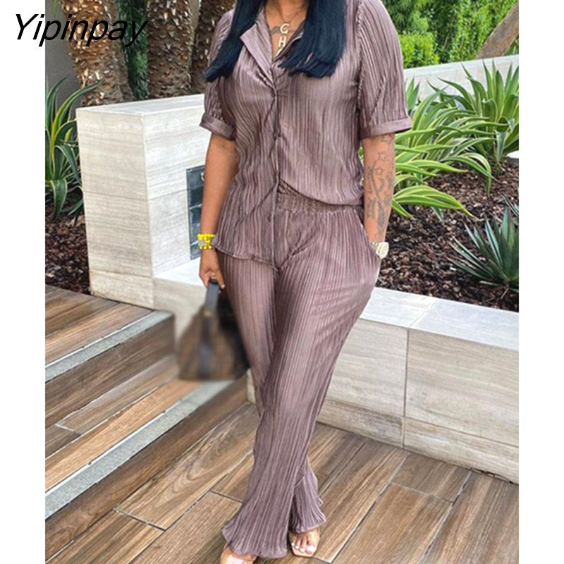 Yipinpay Sleeve Shirts Two Piece Set Women Fashion High Waist Green Trouser Suits 2023 Summer Female Casual Pleated Pants Set