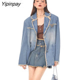 Yipinpay 2023 Winter Streetwear Long Sleeve Demin Blazer Women Oversize Distressed Ladies Suit Blazers Fall Female Coat Clothing