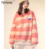 Yipinpay 2023 Winter Casual Plaid Print Women Sweatshirt Korean Style Loose O Neck Long Sleeve Ladies Hoodies Female Pullover Tops