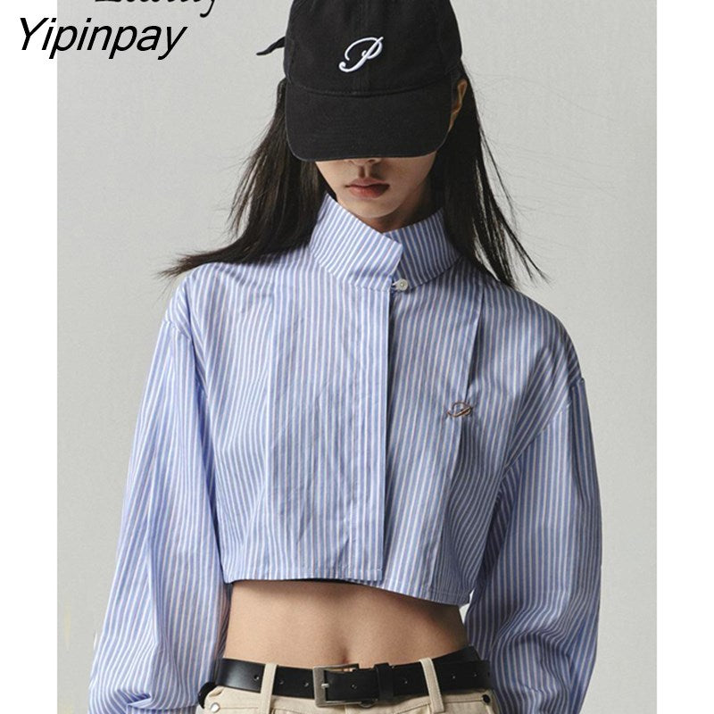 Yipinpay 2023 Spring Streetwear Long Sleeve Cotton Striped Shirt Women Button Stand Neck Ladies Crop Tops Female Clothing Blouse