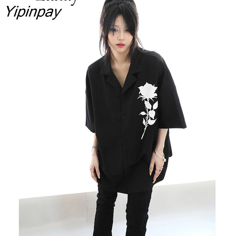 Yipinpay 2023 Summer Y2K Short Sleeve Floral Print Shirt Women Street Style Oversize Button Ladies Tunic Blouse Gothic Female Tops