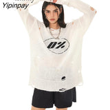 Yipinpay 2023 Winter Streetwear Long Sleeve Frayed Women White Sweater Loose O Neck Print Ladies Pullovers Female Clothing Tops