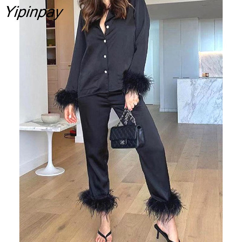 Yipinpay With Feather Blazer And Straight Pants Suits Women Fashion Furry Tailored Collar Shirts Trousers Two Piece Set Lady Outfit