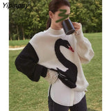 Yipinpay Winter Casual Black Swan Embroidery Women Loose Sweater Y2K Long Sleeve O Neck Patchowrk Knit Ladies Pullovers Fashion Tops
