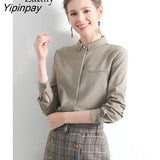 Yipinpay Office Lady Stand Neck Basic Shirt Women Korea Style Long Sleeve Button Woman Tunic Blouse 2023 Spring Work Female Tops