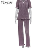 Yipinpay Sleeve Shirts Two Piece Set Women Fashion High Waist Green Trouser Suits 2023 Summer Female Casual Pleated Pants Set