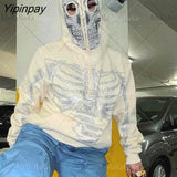 Yipinpay Long Sleeve Outerwear Womens Y2k Fashion Hoodie Skull Rhinestone Zip Up Hoodie grunge Women's Oversized Sweatshirt Punk