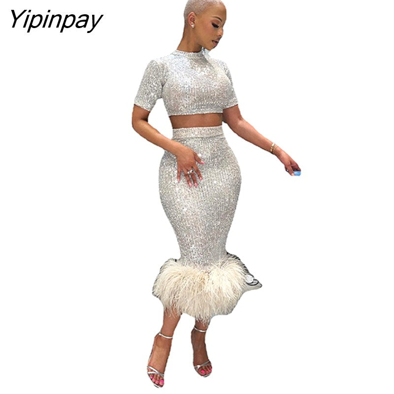 Yipinpay Women Sequins Skirt 2piece Set Female Cropped Slim Blouse Hemline Artificial Feather Bodycon Skirt Suits 2023 Sexy Streetwear 920