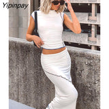 Yipinpay Slim Skirt Set Women Turtleneck Short Sleeve Tops And Maxi Skirt 2 Piece Suits Summer Casual Bodycon Vest Set Streetwear