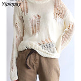 Yipinpay 2023 Autumn Long Sleeve Sweater Women Streetwear Hollow Out Loose O-Neck Ladies Knit Pullover Winter Female Clothing Tops