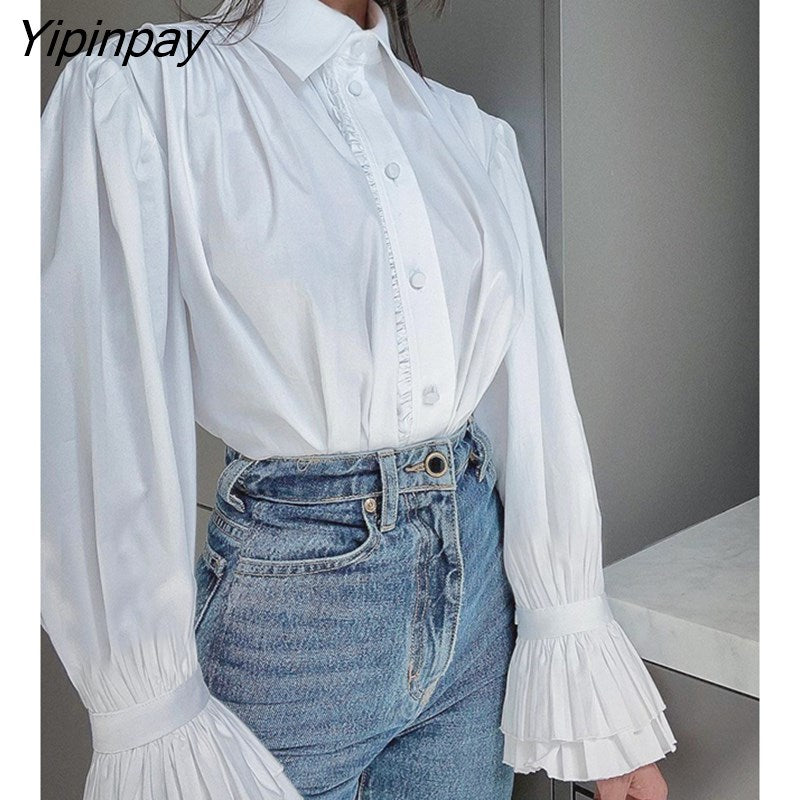 Yipinpay 2023 Spring Vintage Long Sleeve Women White Basic Shirt Office Lady Ruffles Button Up Woman Tunic Blouse Female Clothing