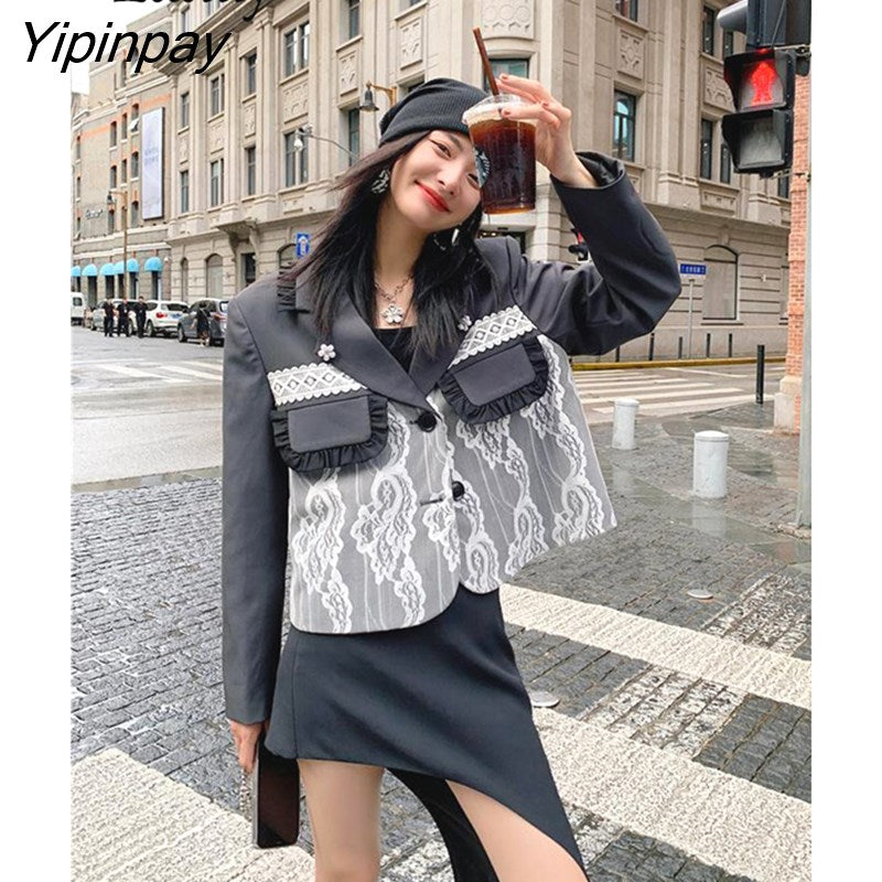 Yipinpay 2023 Autum Floral Lace Full Sleeve Women Short Blazer jacket Korean style Patchwork Suit Blazer Work Female Clothing Coat
