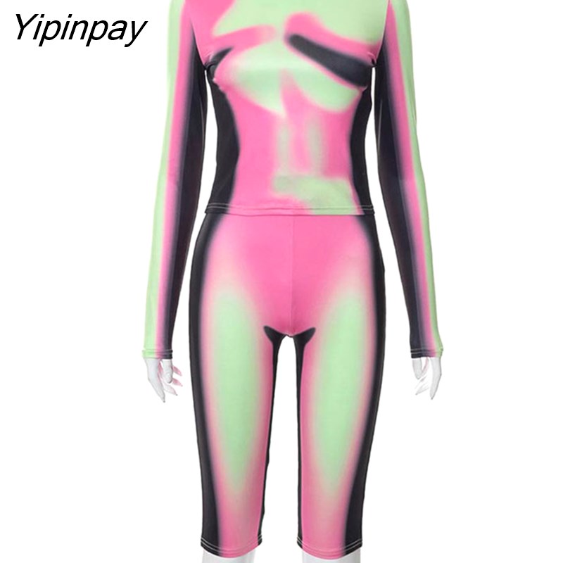 Yipinpay Blocking Print Shorts Set Women O-neck Long Sleeve Tops Skinny Sheath Shorts Matching Set Female Fashion Casual Outifits