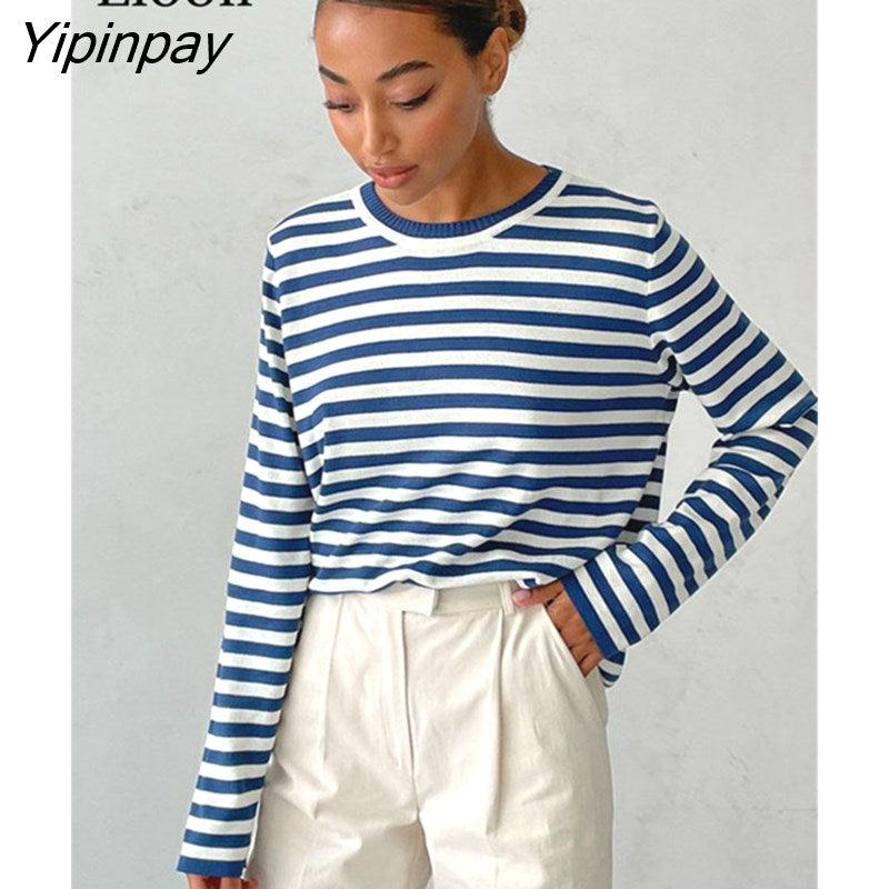 Yipinpay Blue Striped Sweater Pullovers Loose Knitted Tops Women Jumpers Long Sleeve Autumn Winter Streetwear Baggy Knit Sweaters