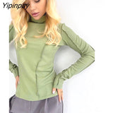 Yipinpay Solid Long Sleeve T Shirts Spring Women Solid Turtleneck Elegant Bright Line Slim Soft Tees 2023 Y2K Ladies Blouse