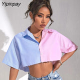 Yipinpay 2023 Summer New Streetwear Short Sleeve Women Shirt Y2K Patchwork Button Up Woman Crop Tops Blouse Party Female Clothing