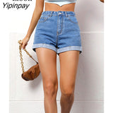 Yipinpay Sexy High Waist Curly Straight Jean Shorts Women Bottoms Summer 2023 New Streetwear With Pockets Blue Cuffed Denim Shorts