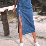Yipinpay Button Up High Waist Skinny Slit Jean Skirt Pencil Office Lady Single Breasted Knee Length Sexy Bodycon Denim Midi Skirts