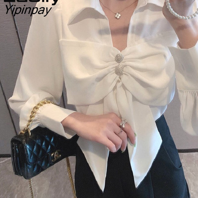 Yipinpay 2023 Summer Sweet JK Women White Shirt Long Sleeve Bow V Neck Chiffon Ladies Blouse Casual Party Female Clothing Tops