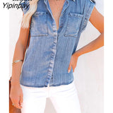 Yipinpay Blue Denim Shirt Women Tops And Blouses With Pockets Streetwear Short Sleeve Turndown Collar Button Up Sexy Jean Shirts