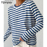 Yipinpay Blue Striped Sweater Pullovers Loose Knitted Tops Women Jumpers Long Sleeve Autumn Winter Streetwear Baggy Knit Sweaters