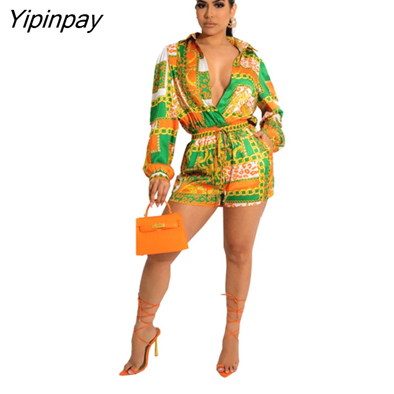 Yipinpay Printed Women Long Sleeve Shirt And Lace Up Shorts Set Female Fashion Lapel Blouse And Short Pants Two Piece Suit 2023