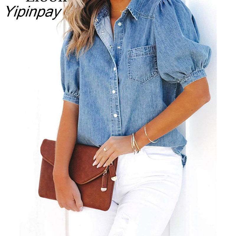 Yipinpay Lantern Sleeve Denim Shirt Women Button Up Cardigan Top With Pockets Streetwear Turndown Collar Sexy Tops And Blouses