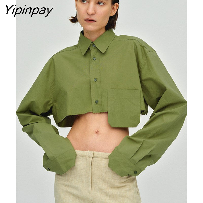 Yipinpay Spring New In Streetwear Long Sleeve White Shirt Women Y2K Button Up Pocket Crop Tops Woman Blouse 2023 Party Clothing