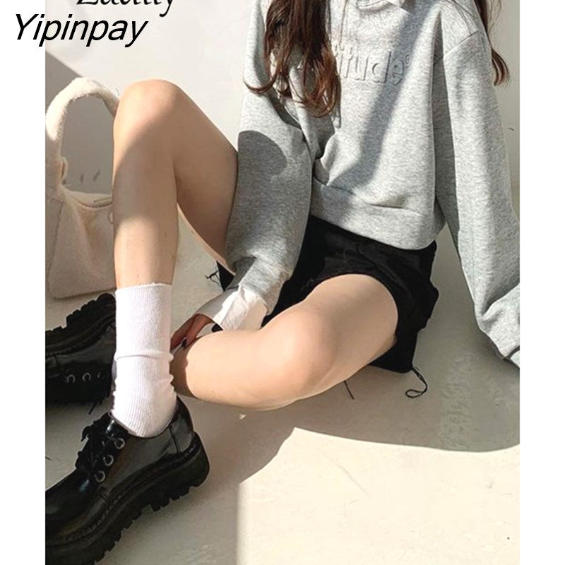 Yipinpay 2023 Autumn Korean Style Letter 3D Decoration Sweatshirt Women Minimalist O Neck Long Sleeve Crop Tops Hoodies Clothing
