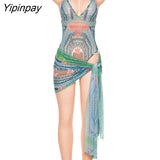 Yipinpay Sexy Deep V Neck Halter Neck Print Slim Dress Female Backless Sling Mini Dresses Lady Vacation Sleeveless Bohemia Dress