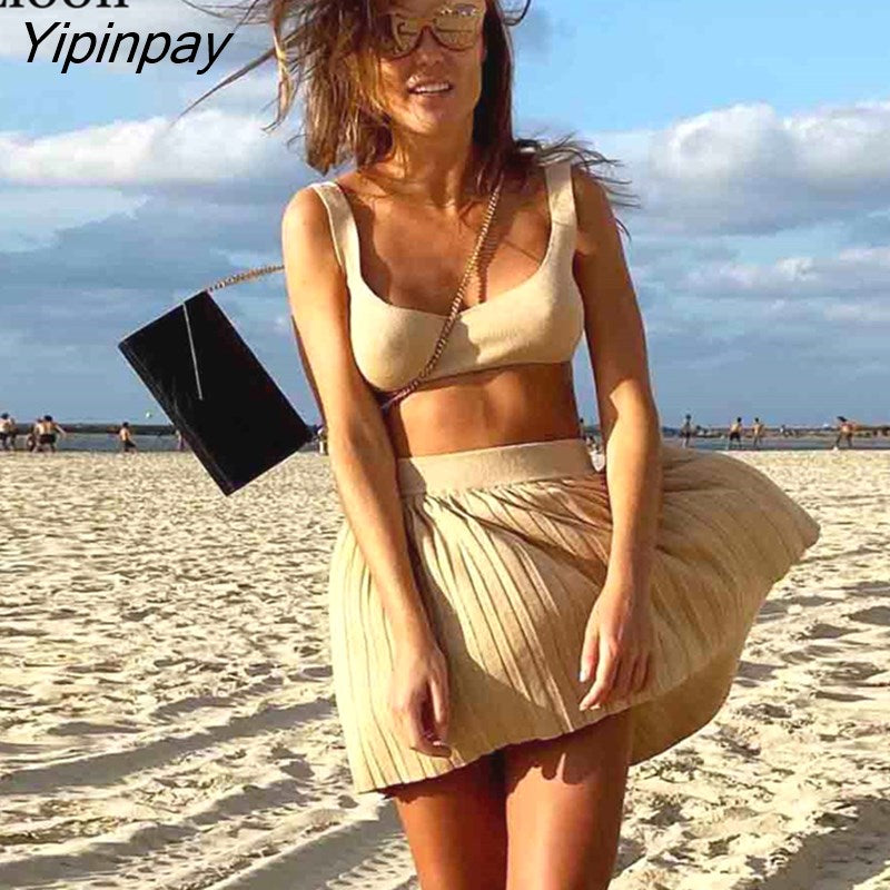 Yipinpay Knitted Two Piece Set Sexy Short Corset Tank Tops And Pleated Skirts High Waist Stretch Black White Knitwear Outfits Sets