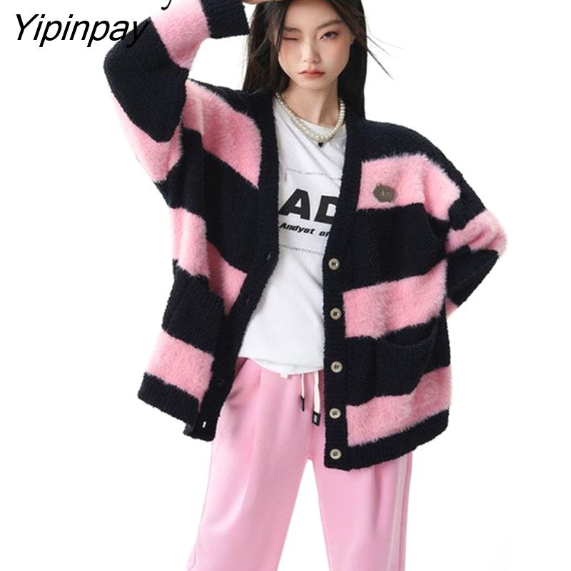 Yipinpay 2023 Winter Korean Style Long Sleeve Women Knit Cardigan Coat Casual Button Up Striped Loose Ladies Sweater Female Tops