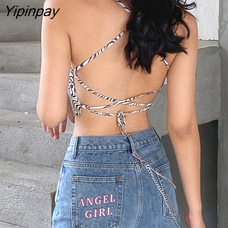 Yipinpay Dye Print Y2K Crop Top Women 2023 Sexy Backless Summer Bandage Sleeveless Halter Neck Vintage Tank Tops Fashion