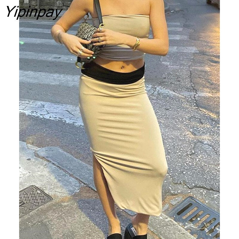 Yipinpay Spliced Tube Top Crop Tops And Bodycon Skirt Suits Women Side Split Dress Set Female Reversible Solid Sleeveless Outfits