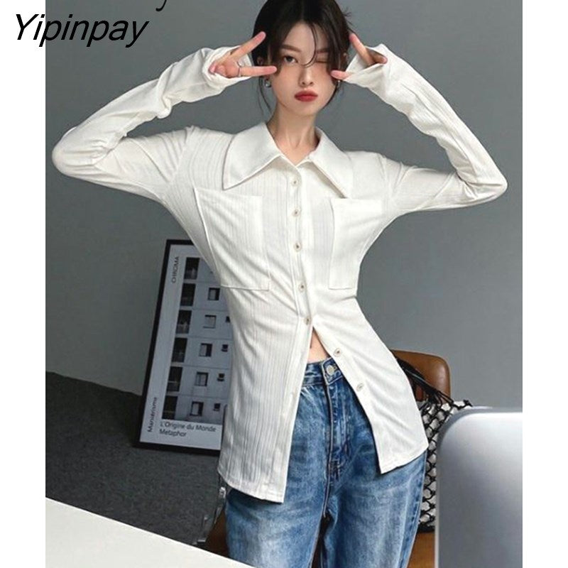 Yipinpay 2023 Summer Minimalist Style Pocket White Shirt Women Slim Long Sleeve Chiffon Ladies Blouse Casual Button Tops Blouse