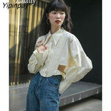 Yipinpay 2023 Spring New Streetwear Long Sleeve Women Shirt Korea Style Hollow Out Button Up Woman Crop Tops Blouse Party Clothing