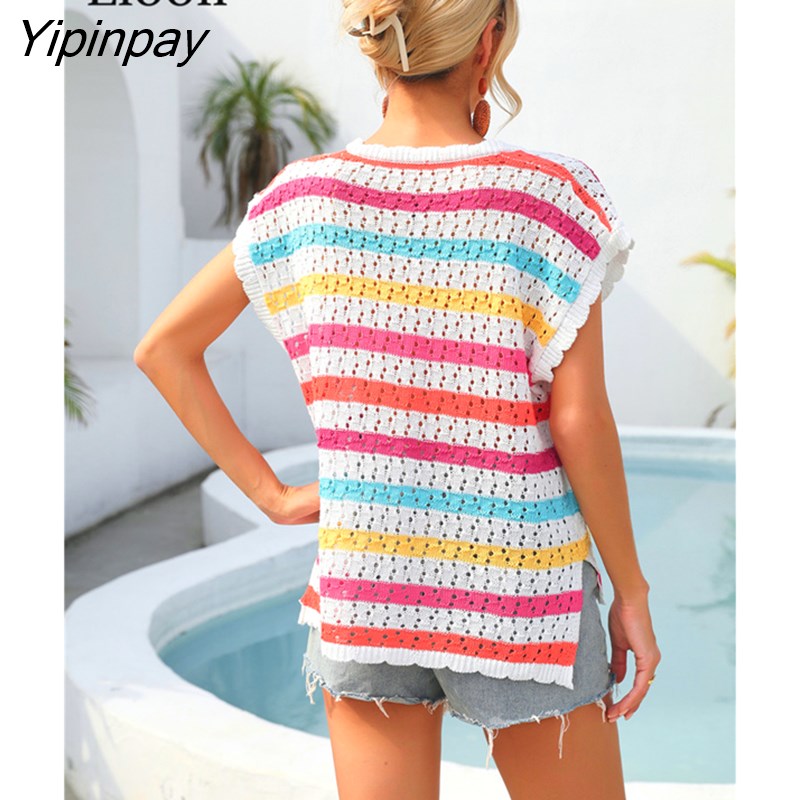 Yipinpay Knit T Shirt Women Knit Top 2023 New Arrivals In Knitwears All Match Basic Tees V Neck Hollow Out Sexy Tshirt Loose Tops