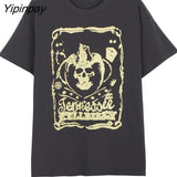 Yipinpay T Shirt Women 2023 Summer Harajuku Letter Skull Print Short Sleeve Graphic Tee Shirt Femme Size Tops Tshirt