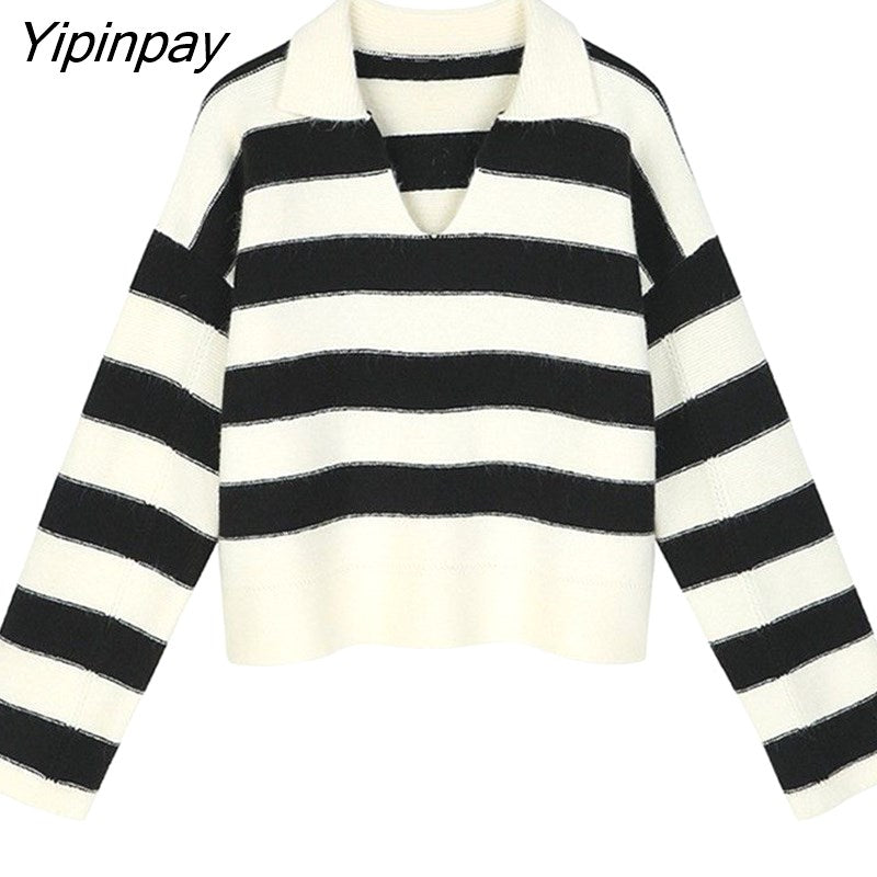 Yipinpay 2023 Winter Office Lady Turn Down Collar Striped Polo Sweaters Women Korea Style Long Sleeve Loose Pullovers Female Tops