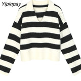 Yipinpay 2023 Winter Office Lady Turn Down Collar Striped Polo Sweaters Women Korea Style Long Sleeve Loose Pullovers Female Tops